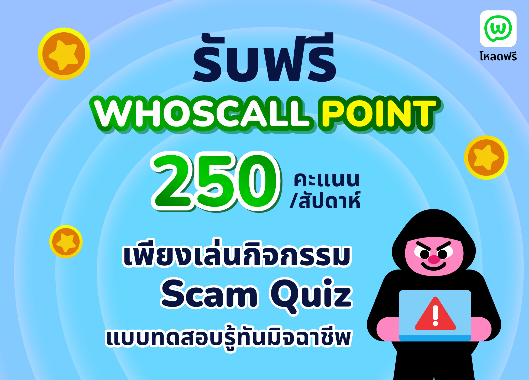 ใหม่! แบบทดสอบรู้ทันมิจฉาชีพ ให้คุณรู้เท่าทันมิจฉาชีพพร้อมรับ Whoscall Point 250 คะแนน